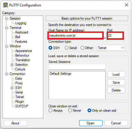 Tela de acesso SSH para hospedagem de site do PuTTY.